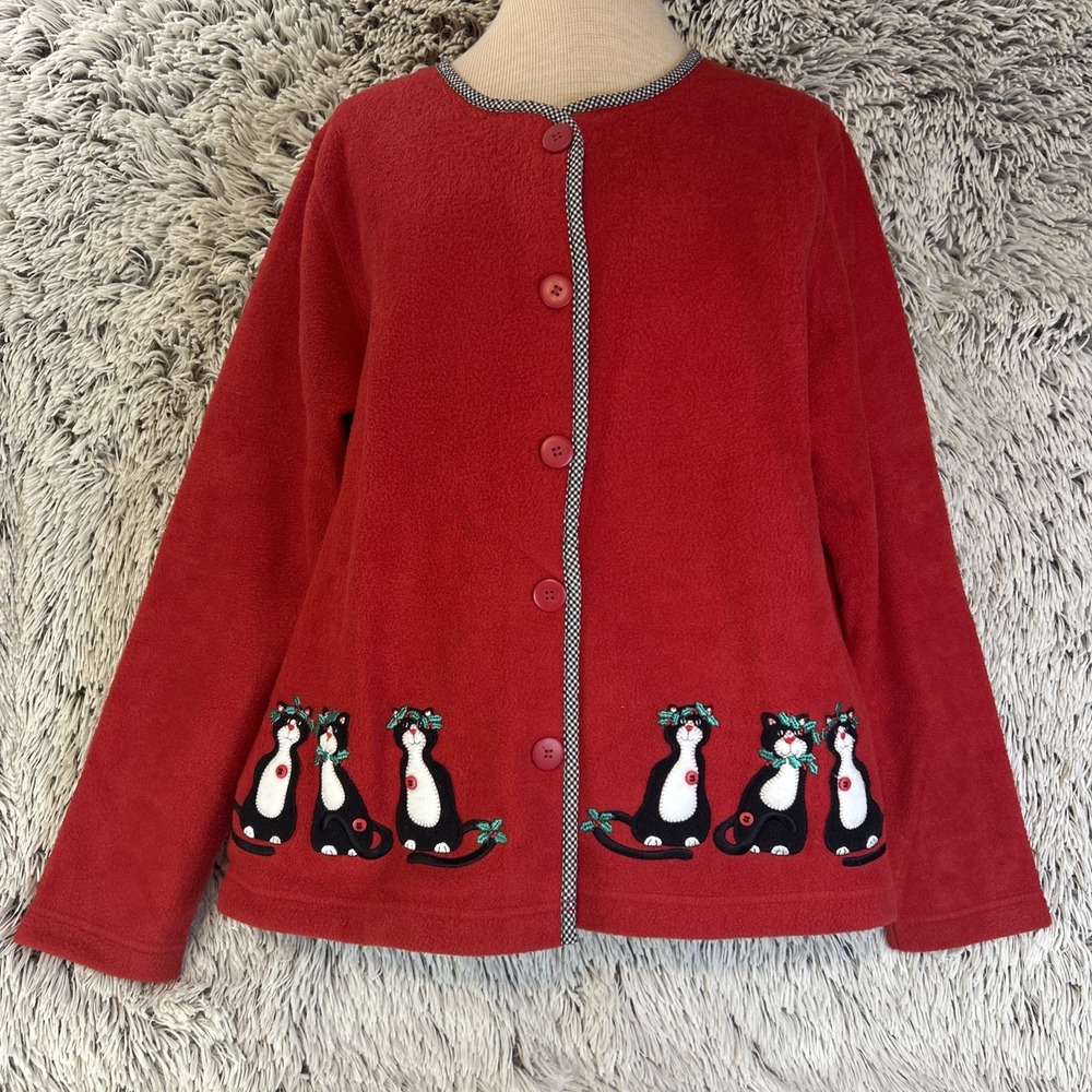 Vintage Christmas Red Fleece Sweater‎ Cardigan Baxter Wells Cat Mistletoe Medium
